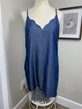 ASTR the Label | Scalloped Hem Chambray Mini Dress Relaxed Fit Pockets, Blue, M